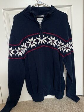 Weatherproof Navy Zip-Up Sweater with White and Red Fair Isle
